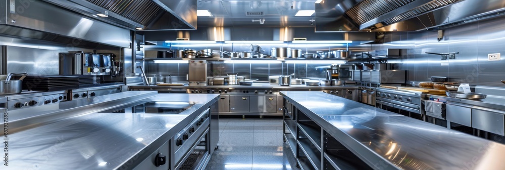 A spacious, well-lit commercial kitchen with gleaming stainless steel appliances, clean lines, and ample work space A spacious, well-lit commercial kitchen with gleaming stainless steel appliances, clean lines, and ample work space