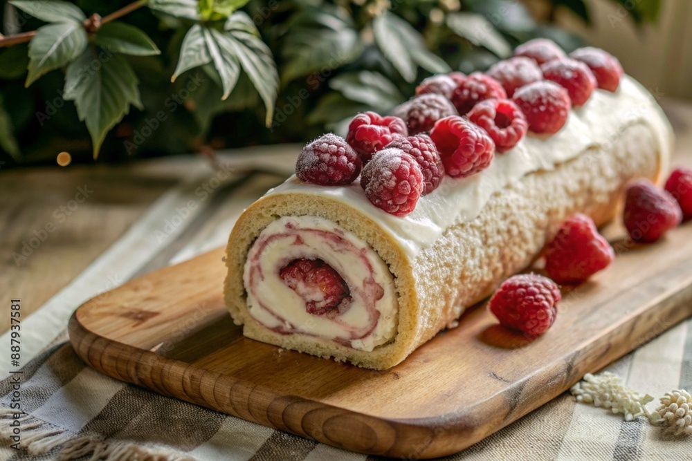 Swiss sponge roll with raspberries, a delicious fruit and cream dessert filled with cream cheese, decorated with fresh raspberries. Swiss sponge roll with raspberries, a delicious fruit and cream dessert filled with cream cheese, decorated with fresh raspberries.