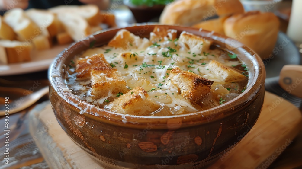 Classic French onion soup with melted cheese and croutons, served in a rustic bowl with a warm, inviting atmosphere Classic French onion soup with melted cheese and croutons, served in a rustic bowl with a warm, inviting atmosphere