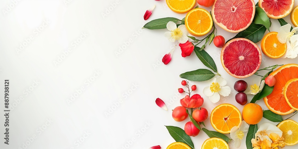 Fresh citrus fruits and blossoms on white background. A vibrant and colorful representation of sliced oranges, grapefruits, and assorted flowers, perfect for health, wellness, and lifestyle visuals Fresh citrus fruits and blossoms on white background. A vibrant and colorful representation of sliced oranges, grapefruits, and assorted flowers, perfect for health, wellness, and lifestyle visuals