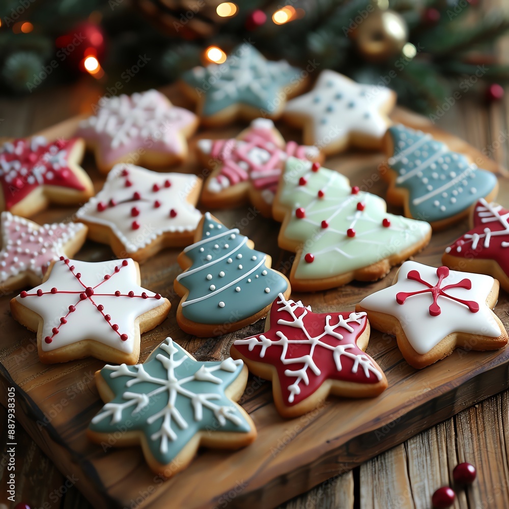 Festive holiday cookies in various shapes and colors, decorated with icing and sprinkles, placed on a wooden table with a festive background Festive holiday cookies in various shapes and colors, decorated with icing and sprinkles, placed on a wooden table with a festive background