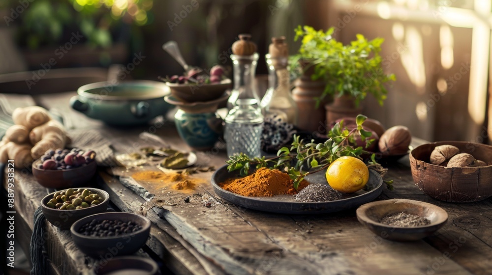 Naklejka premium Rustic kitchen scene with spices, herbs, and fresh ingredients