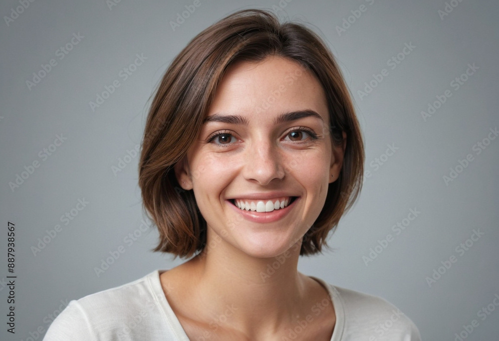 Portrait view of a regular happy smiling France woman, ultra realistic, candid, social media, avatar image, plain solid background Portrait view of a regular happy smiling France woman, ultra realistic, candid, social media, avatar image, plain solid background