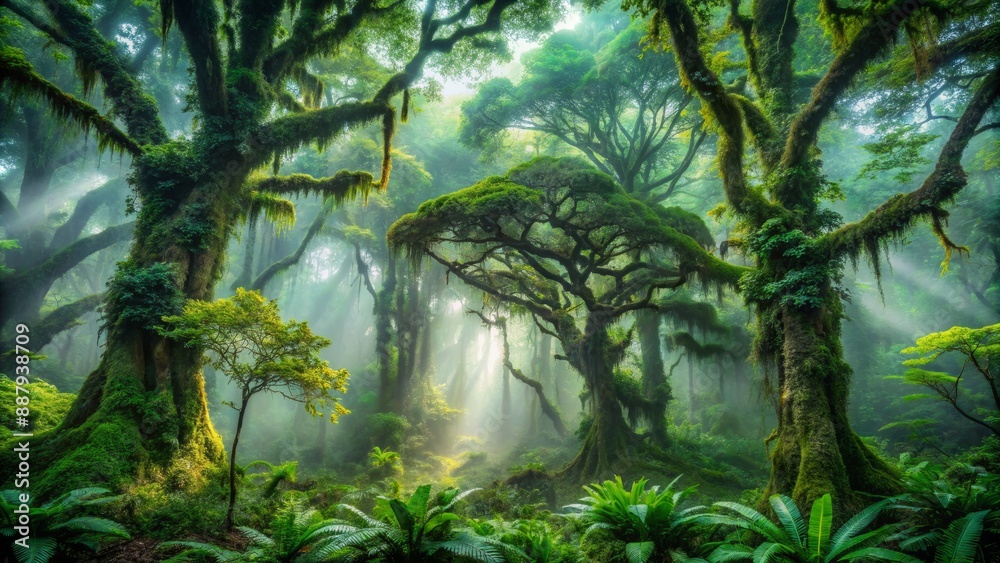 Obraz premium Dense fog envelops ancient trees, their emerald canopies glistening with dew, in a serene and mystical rainforest, teeming with exotic life and vibrant tropical beauty.