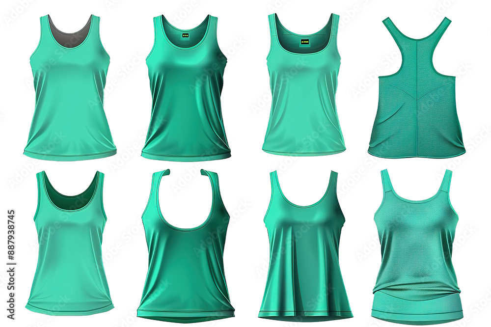 2 Set of pastel light green blue front, back and side view sleeveless tee t shirt tank singlet round neck on transparent background cutout file. Mockup template for artwork design. 3D rendering
2 Set of pastel light green blue front, back and side view sleeveless tee t shirt tank singlet round neck on transparent background cutout file. Mockup template for artwork design. 3D rendering