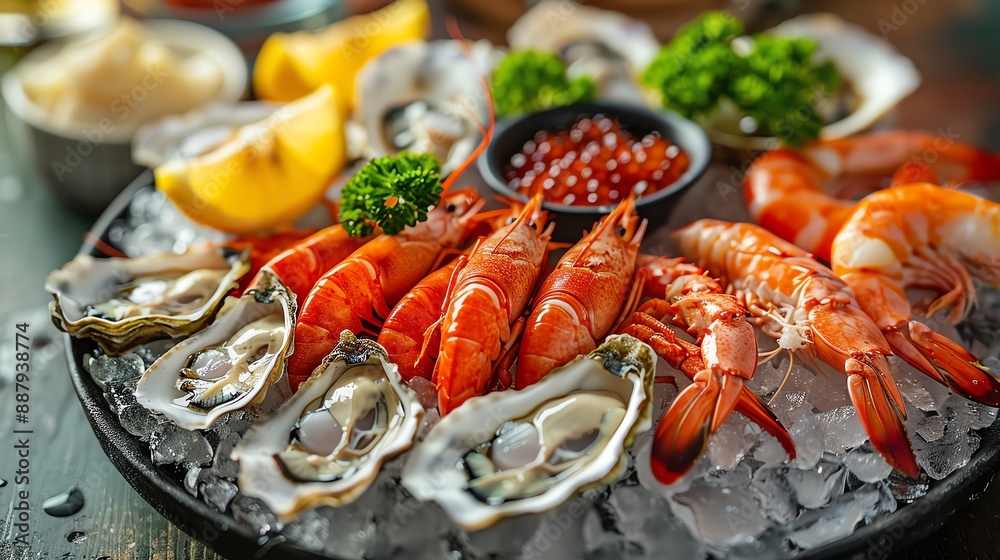 Luxurious seafood platter featuring lobster, oysters, shrimp, and caviar, served on ice with lemon wedges and sauces Luxurious seafood platter featuring lobster, oysters, shrimp, and caviar, served on ice with lemon wedges and sauces
