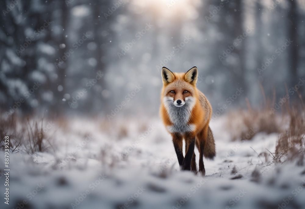 Obraz premium A red fox trotting through the snowy forest, twilight 