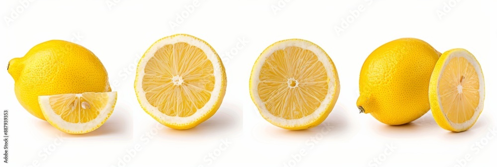 A commercial photography setup showcasing whole and cut lemons against a white backdrop. The lemons are vibrant yellow and appear juicy A commercial photography setup showcasing whole and cut lemons against a white backdrop. The lemons are vibrant yellow and appear juicy