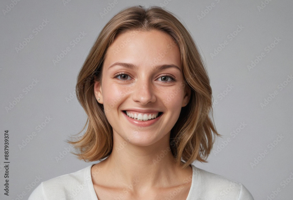 Portrait view of a regular happy smiling Liechtenstein woman, ultra realistic, candid, social media, avatar image, plain solid background