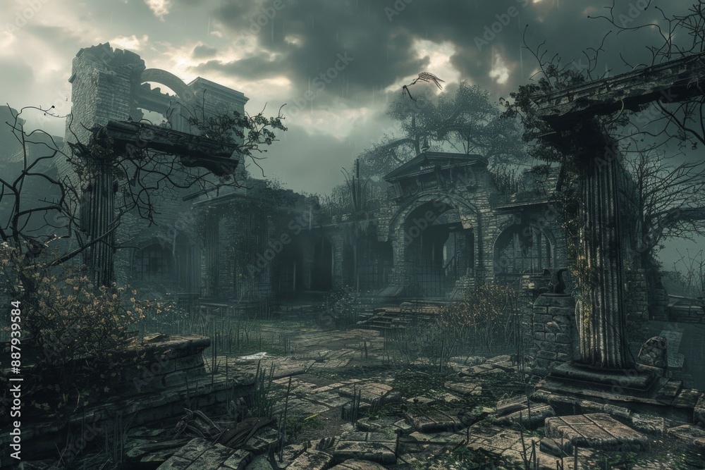 A post-apocalyptic world, with ruins of buildings, overgrown vegetation, and a moody, cloudy sky casting a sombre light. A post-apocalyptic world, with ruins of buildings, overgrown vegetation, and a moody, cloudy sky casting a sombre light.