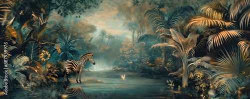 Vintage wallpaper of lush jungle with zebras and toucans, pastel color, oil painting style. 