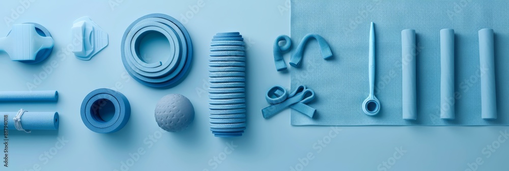 Blue yoga equipment, including blocks, straps, a ball, and a mat, are arranged in a flat lay composition on a pastel blue background Blue yoga equipment, including blocks, straps, a ball, and a mat, are arranged in a flat lay composition on a pastel blue background
