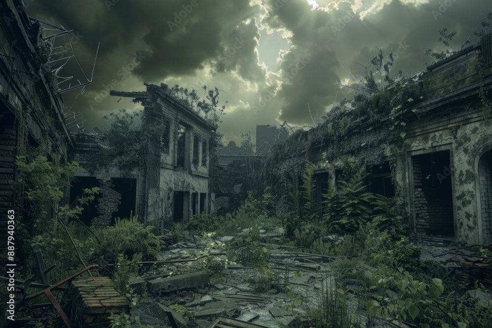 Obraz premium A post-apocalyptic world, with ruins of buildings, overgrown vegetation, and a moody, cloudy sky casting a sombre light.