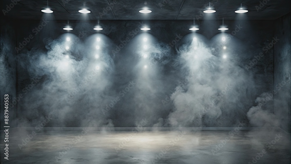 Fototapeta premium Dark asphalt grey abstract background with neon light spotlights illuminating empty concrete floor and studio room interior texture, smoke floating upwards, perfect for product display.
