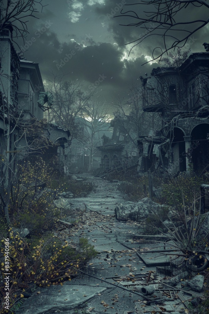 A post-apocalyptic world, with ruins of buildings, overgrown vegetation, and a moody, cloudy sky casting a sombre light. A post-apocalyptic world, with ruins of buildings, overgrown vegetation, and a moody, cloudy sky casting a sombre light.