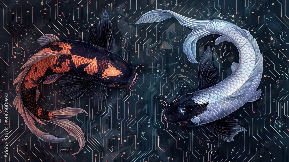 Digital Art of Koi Fish Swimming Over a Circuit Board Background Representing the Fusion of Nature and Technology Digital Art of Koi Fish Swimming Over a Circuit Board Background Representing the Fusion of Nature and Technology
