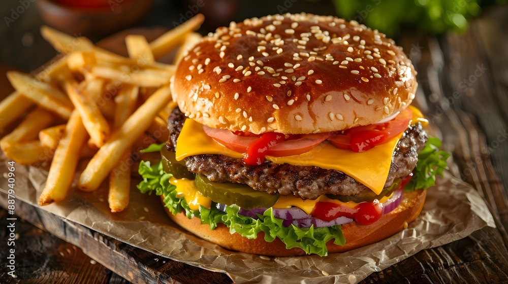 Classic American cheeseburger with all the fixings Classic American cheeseburger with all the fixings