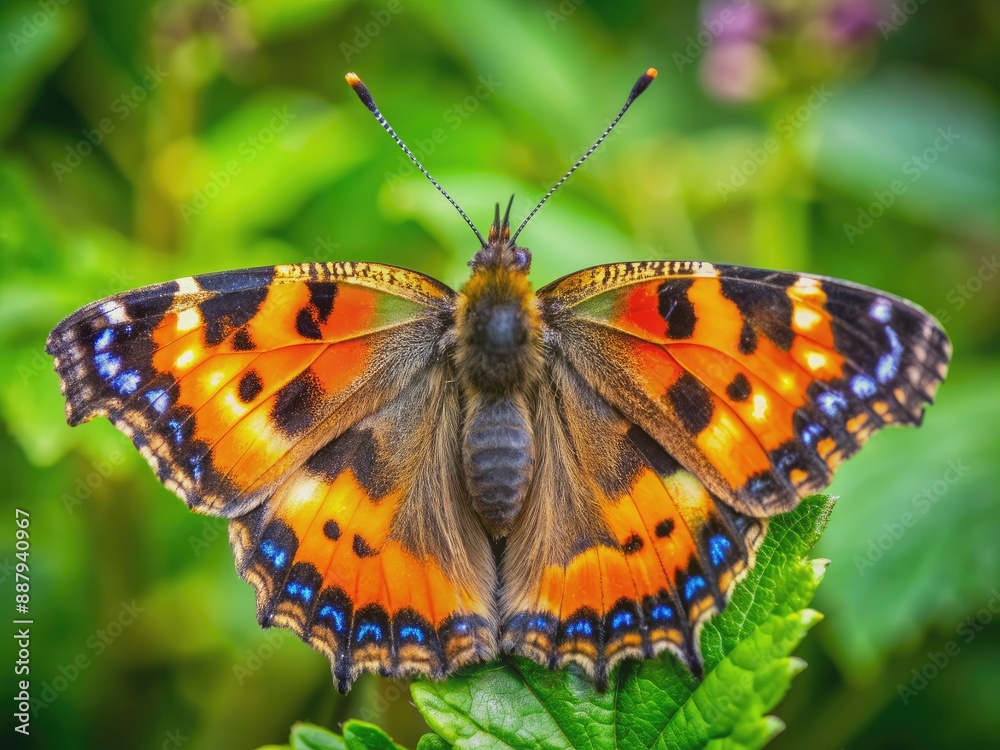Obraz premium Vibrant orange and black big tortoiseshell butterfly rests with spread wings on a leafy green branch, showcasing intricate patterns and delicate beauty in nature.