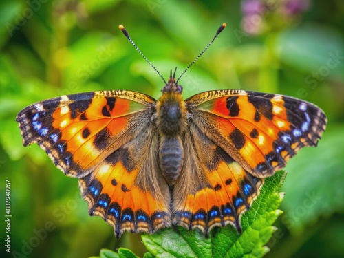 Vibrant orange and black big tortoiseshell butterfly rests with spread wings on a leafy green branch, showcasing intricate patterns and delicate beauty in nature. photo