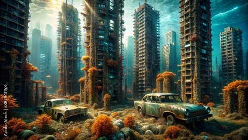 Abandoned skyscrapers overrun by coral and seaweed, partially submerged in the dark ocean, surrounded by rusty cars and debris, with faint city lights still glowing. photo