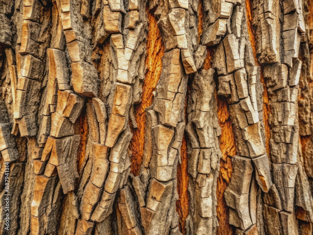 Detailed, high-contrast image of tree bark's intricate texture, showcasing weathered ridges, grooves, and patterns in earthy tones of brown, gray, and beige. Detailed, high-contrast image of tree bark's intricate texture, showcasing weathered ridges, grooves, and patterns in earthy tones of brown, gray, and beige.