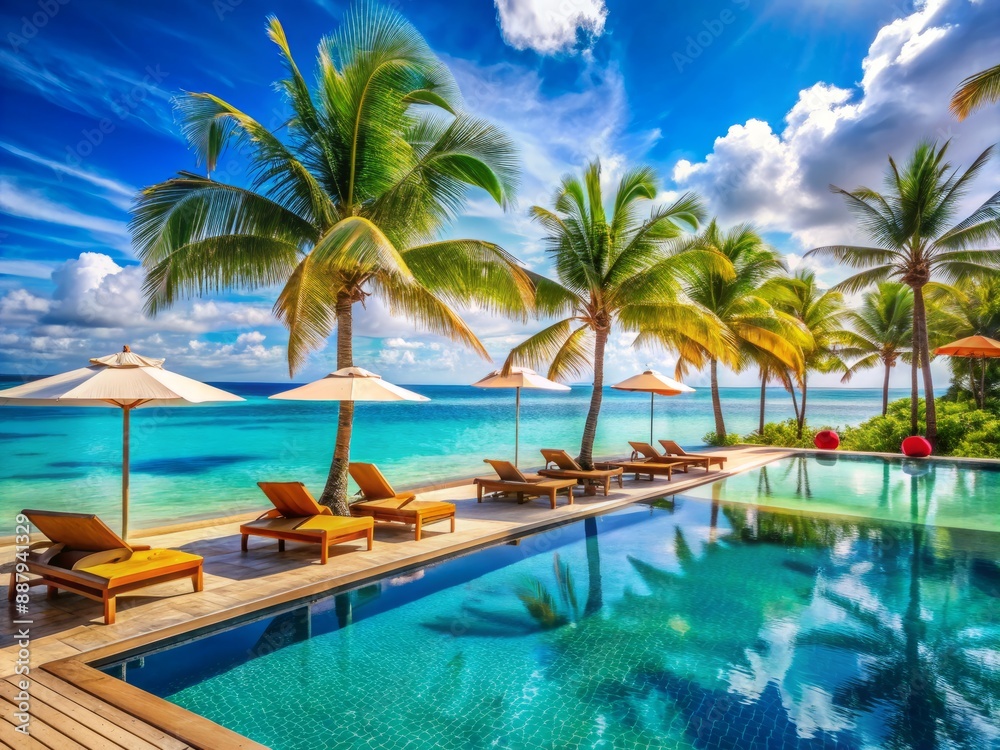 Serene luxurious beach resort overlooking turquoise ocean with infinity pool, stylish loungers, colorful umbrellas, and swaying palm trees under a brilliant blue sky. Serene luxurious beach resort overlooking turquoise ocean with infinity pool, stylish loungers, colorful umbrellas, and swaying palm trees under a brilliant blue sky.