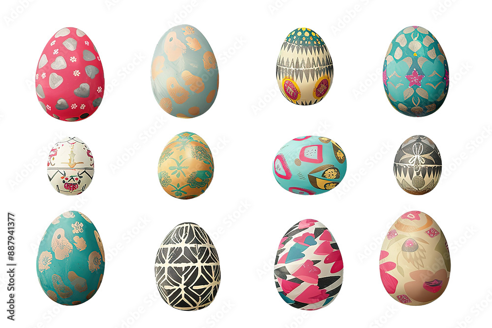 Set of multicolor Easter eggs with different texture on a transparent background. Spring holiday
Set of multicolor Easter eggs with different texture on a transparent background. Spring holiday