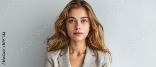 Energetic and professional woman in modern office attire on clean background