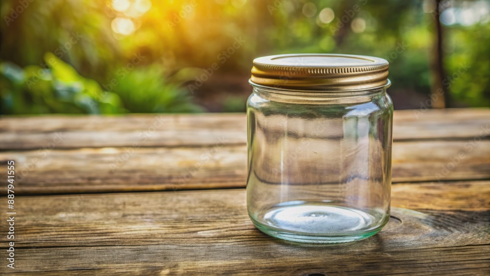 Clear empty glass jar with screw-top lid sitting alone on a rustic wooden table, surrounded by soft natural light, awaiting creativity or storage use. Clear empty glass jar with screw-top lid sitting alone on a rustic wooden table, surrounded by soft natural light, awaiting creativity or storage use.