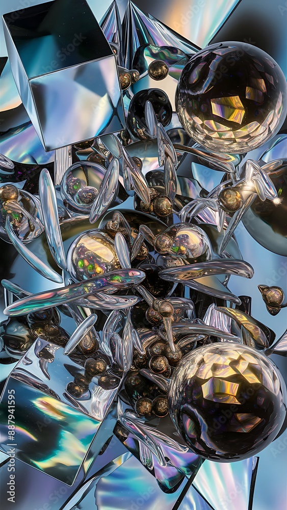 Abstract glass composition. 3d render of geometric shapes made of reflective and refractive material. Dispersion effects wallpaper Abstract glass composition. 3d render of geometric shapes made of reflective and refractive material. Dispersion effects wallpaper