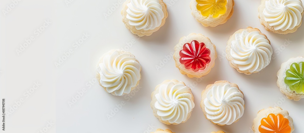 Copy space image of iced gem biscuits resembling belly buttons on a white background with selective focus for adding text Copy space image of iced gem biscuits resembling belly buttons on a white background with selective focus for adding text
