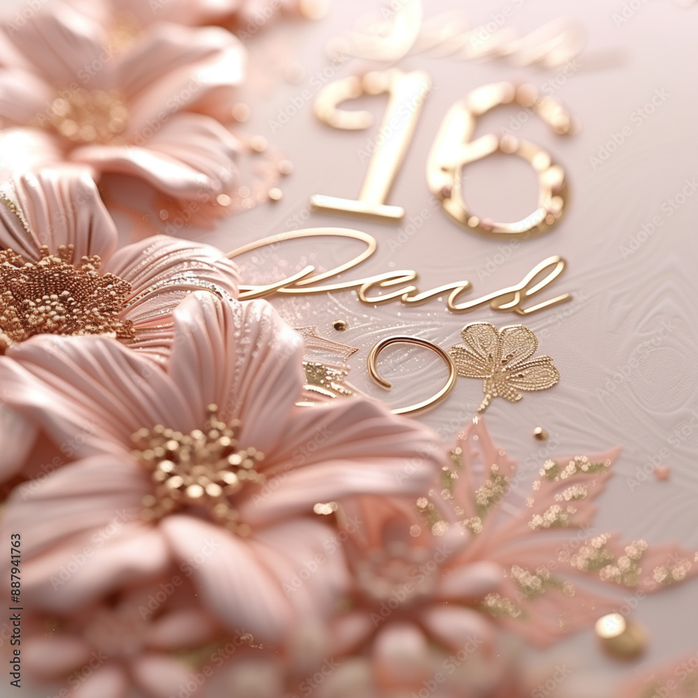 Obraz premium Sweet 16 birthday invitation card, Stylish design, Pink and gold colors, Close-up shot