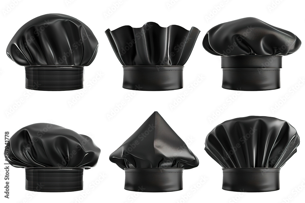 Mockup black headwear for the chef. Collection cook caps and baker toques headdress for kitchen staff. Vector illustration
