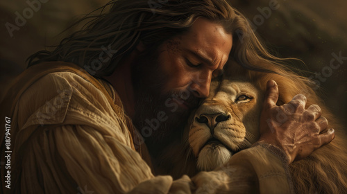 Jesus Christ gently hug a lion, closeup