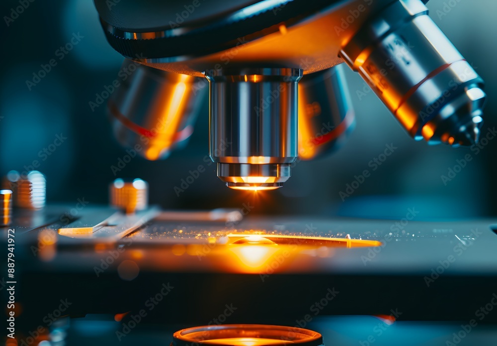 Concept of medical science and research, close-up on microscope in laboratory with scientist working behind the scene Concept of medical science and research, close-up on microscope in laboratory with scientist working behind the scene