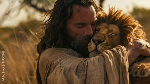 Jesus Christ gently hug a lion, closeup