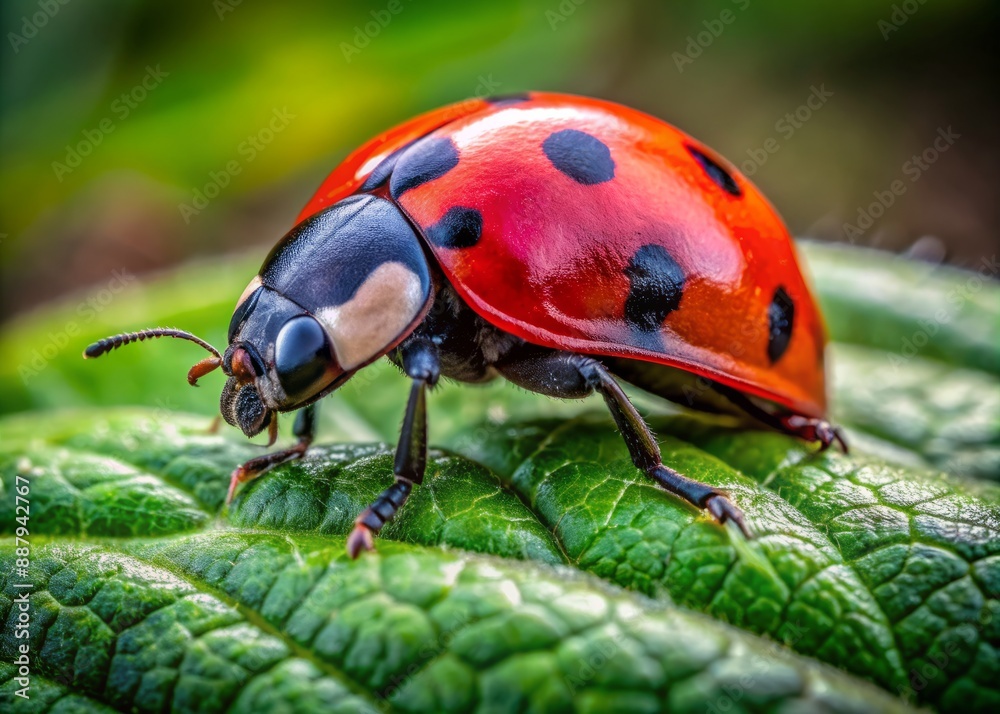 Fototapeta premium Vibrant red and black ladybug perches on a lush green leaf, its delicate wings and intricate details showcased in a stunning macro nature shot.