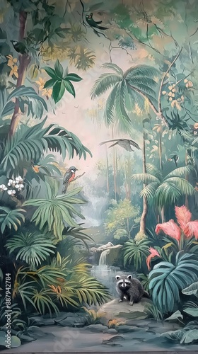 Vintage wallpaper of lush rainforest with pastel hues, showcasing exotic birds and raccoons in the background, oil painting. 
