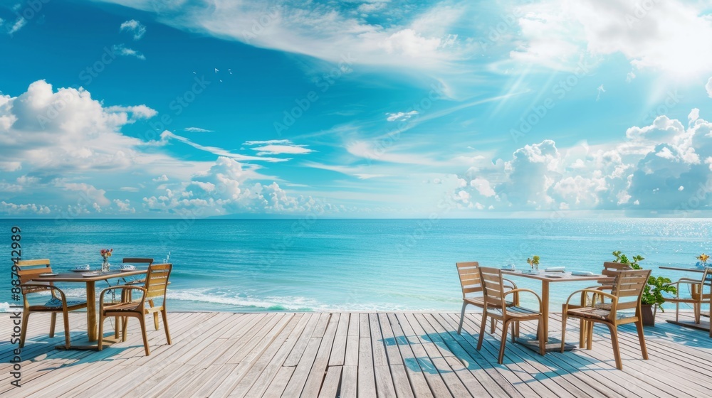 Serene beachside cafe with wooden deck, blue sky, and turquoise water. Relaxing outdoor seating area perfect for unwinding. Ideal for travel websites, blogs, and social media posts. AI Serene beachside cafe with wooden deck, blue sky, and turquoise water. Relaxing outdoor seating area perfect for unwinding. Ideal for travel websites, blogs, and social media posts. AI
