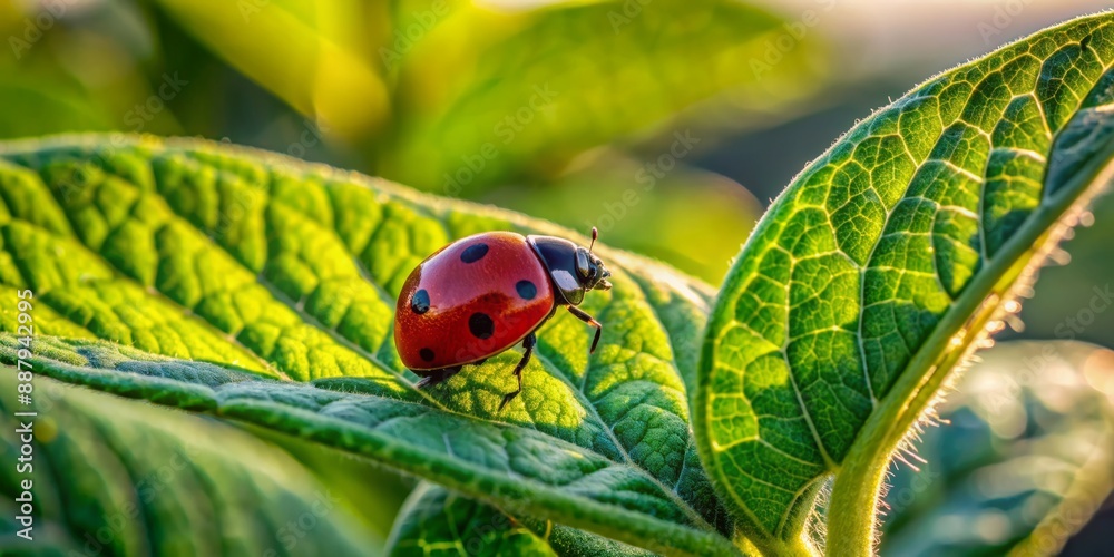 Vibrant red and black ladybug perches on a lush green soybean leaf, tiny shadows emphasizing its delicate features amidst the rural summer landscape. Vibrant red and black ladybug perches on a lush green soybean leaf, tiny shadows emphasizing its delicate features amidst the rural summer landscape.