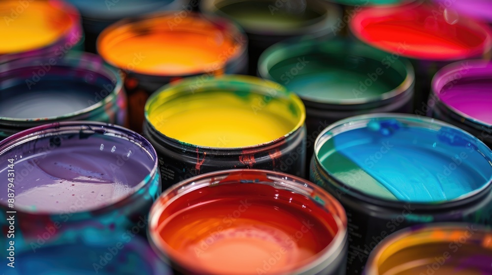 A close up of many different colors of paint cans, displaying a vibrant mix of hues. A close up of many different colors of paint cans, displaying a vibrant mix of hues.