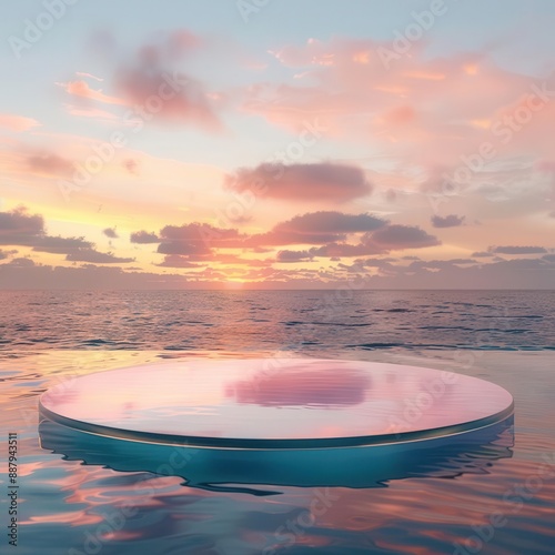 ethereal glass podium floating on crystalclear water sunsethued sky reflection minimalist product display dreamy atmosphere luxury cosmetic presentation concept photo