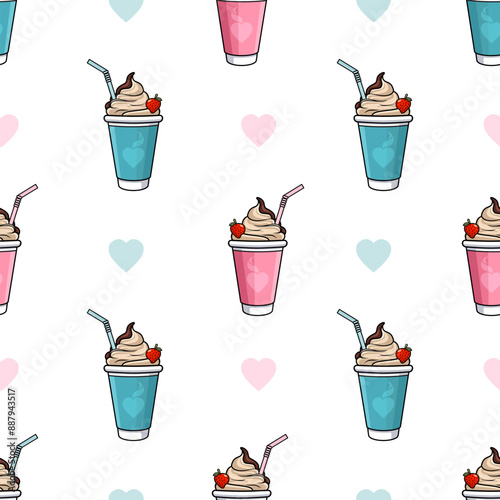 Delicate seamless pattern with coffee latte cups in flat style