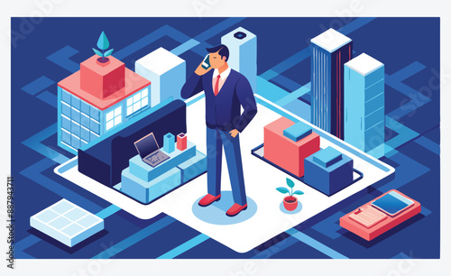  Dynamic Businessman in Modern Workspace - Isometric Illustrations in Blue