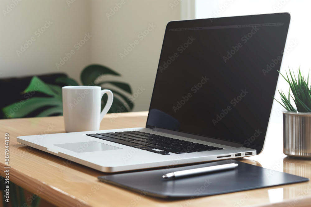 A sleek modern desk with a minimalist design. Remote work workplace A sleek modern desk with a minimalist design. Remote work workplace