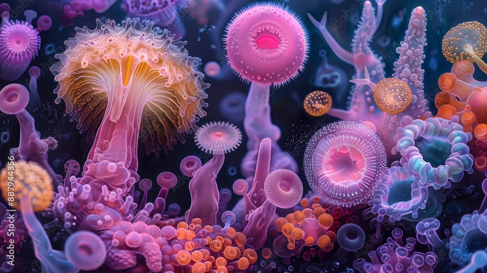 A vibrant, artistic representation of various marine life forms, showcasing their unique shapes and textures. A vibrant, artistic representation of various marine life forms, showcasing their unique shapes and textures.