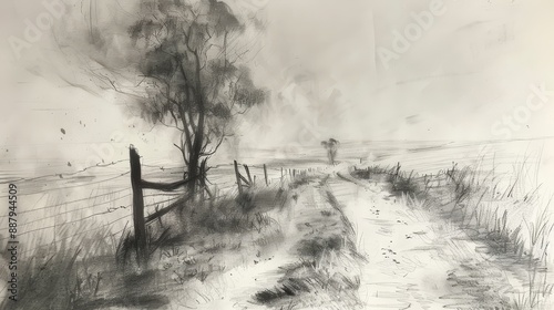 Tranquil Charcoal Sketch of Serene Countryside Landscape.