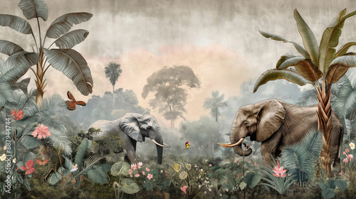 Vintage wallpaper of rainforest with elephants and exotic birds, pastel color, oil painting style.  photo