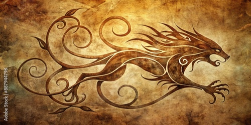 Sleek predator glyph encircles a fleeing prey shape, swirling tendrils evoke a delicate dance of survival, set against a rich, earthy toned background with subtle texture. photo