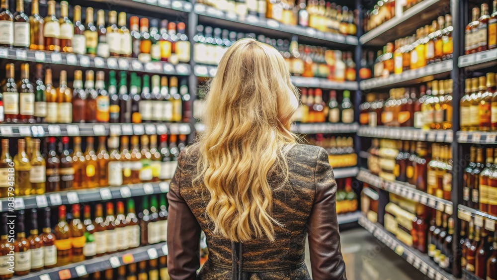 Blonde woman looking at bottles of whiskey in supermarket, back view, A woman comparing products in a grocery store, AI Generated Blonde woman looking at bottles of whiskey in supermarket, back view, A woman comparing products in a grocery store, AI Generated